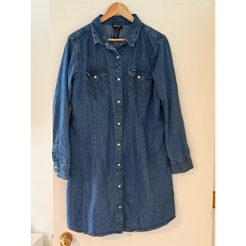 Wrangler Retro Denim Shirt Dress Snap Button Western XL Blue Jean Dress ✨